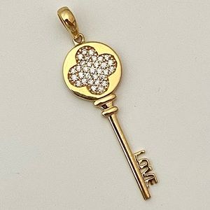 Solid 14K Gold Love Key Diamond Clover Pendant